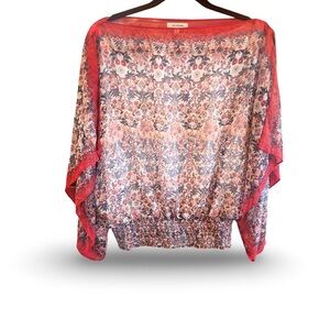 Max Studio Red and Blue Floral Print Boho Smoked Blouse NWT